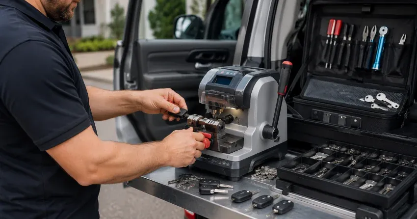 technician cutting a replacement car door lock key in Gorham-College Manor, Newmarket