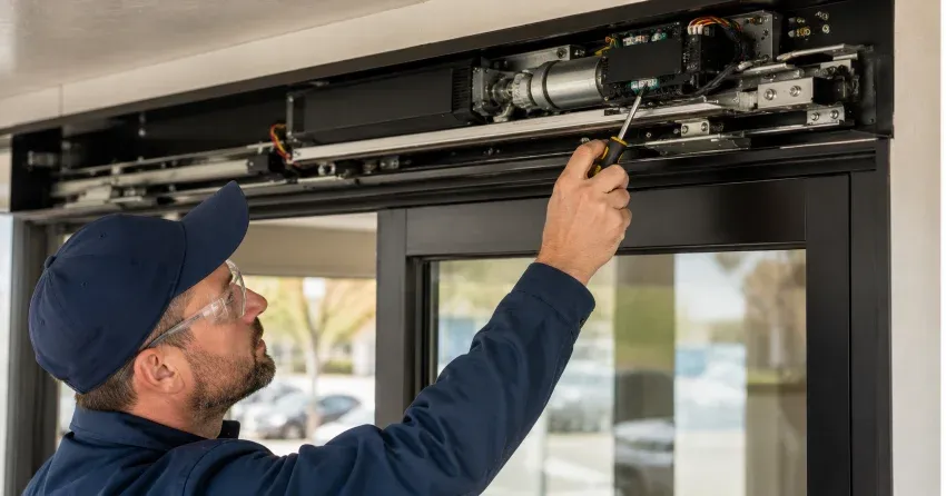 technician completing automatic door repair on residential property in Newmarket