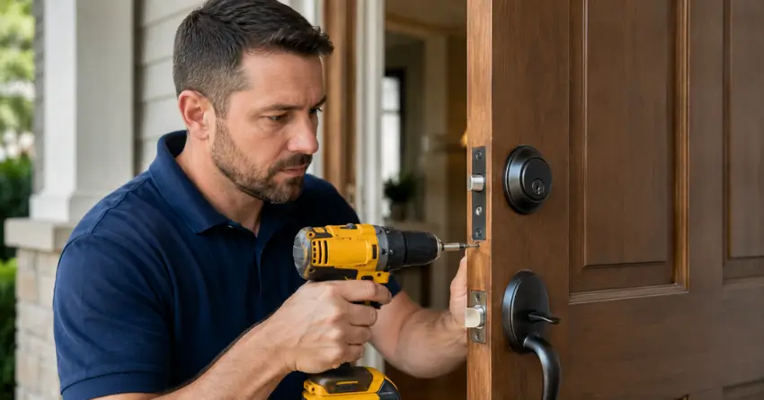 technician installing a new deadbolt during Change Door Lock Newmarket service