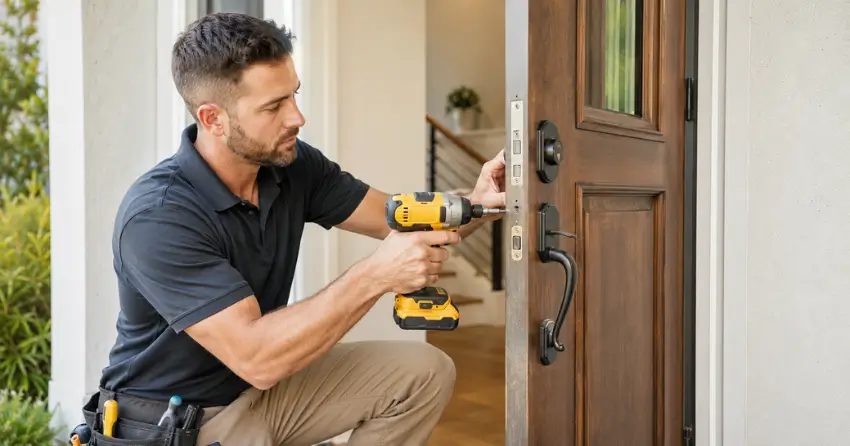 locksmith installing new deadbolt lock on front door in Armitage, Newmarket