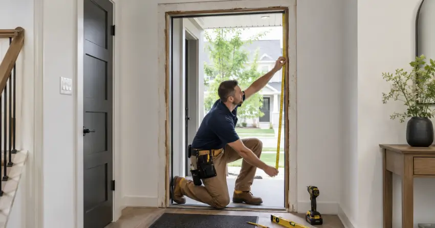 technician measuring a door frame before new door installation in Newmarket