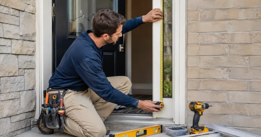 technician measuring door frame before storm door install in Newmarket