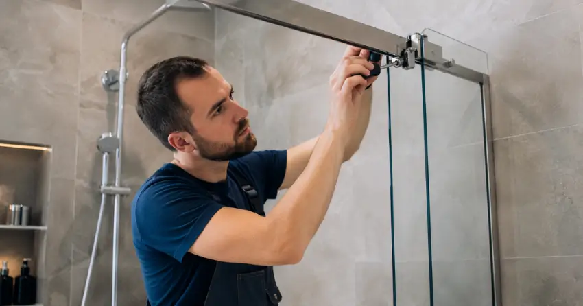 technician adjusting shower door hinge and track in Leslie Valley, Newmarket