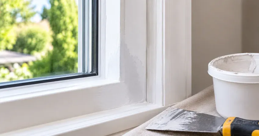 technician repairing rotted window frame corner in Woodland Hill, Newmarket