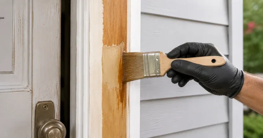 technician probing rotted wood on a door frame in Leslie Valley, Newmarket