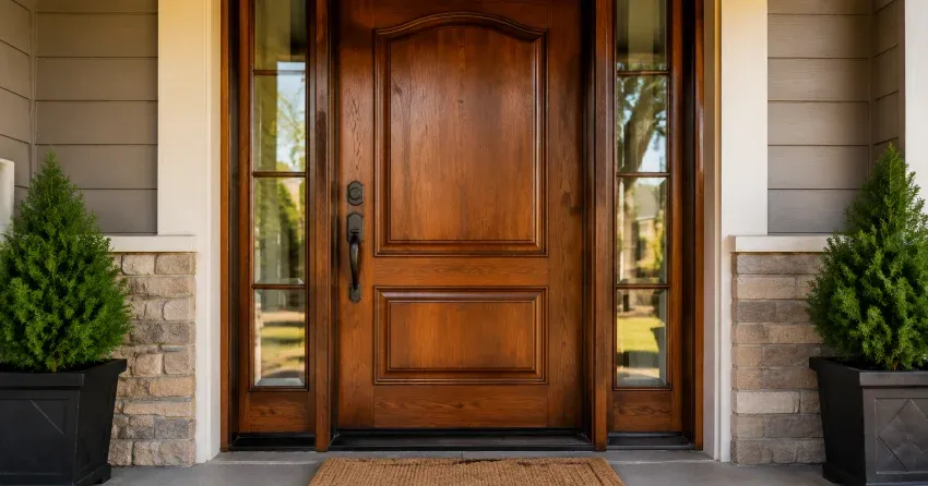wood door mid-restoration showing stripped bare wood in Newmarket