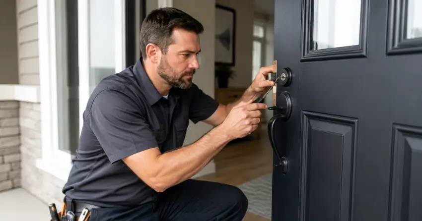 licensed locksmith technician working on residential deadbolt in Newmarket