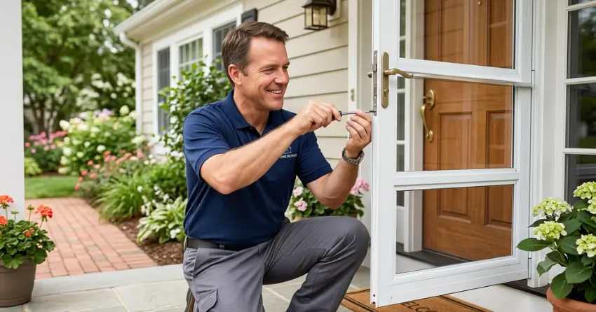 technician adjusting storm door hinge and closer in Newmarket